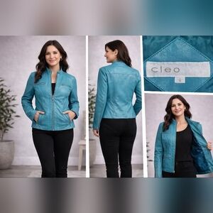 cleo Teal Faux Leather Moto Jacket
